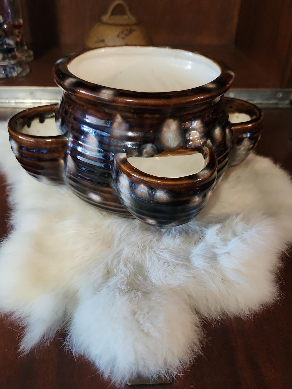 1979 Stunning Brown Drip Glaze Planter with Four Side Pockets